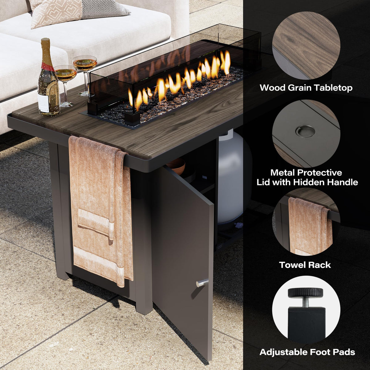 LAUSAINT HOME 43" Propane Fire Pit Table, 55000 BTU Gas Fire Pit with 2 Tiered Storage Space, Wood Grain Tabletop, Gray Glass Wind Guard for Outside Patio Lawn