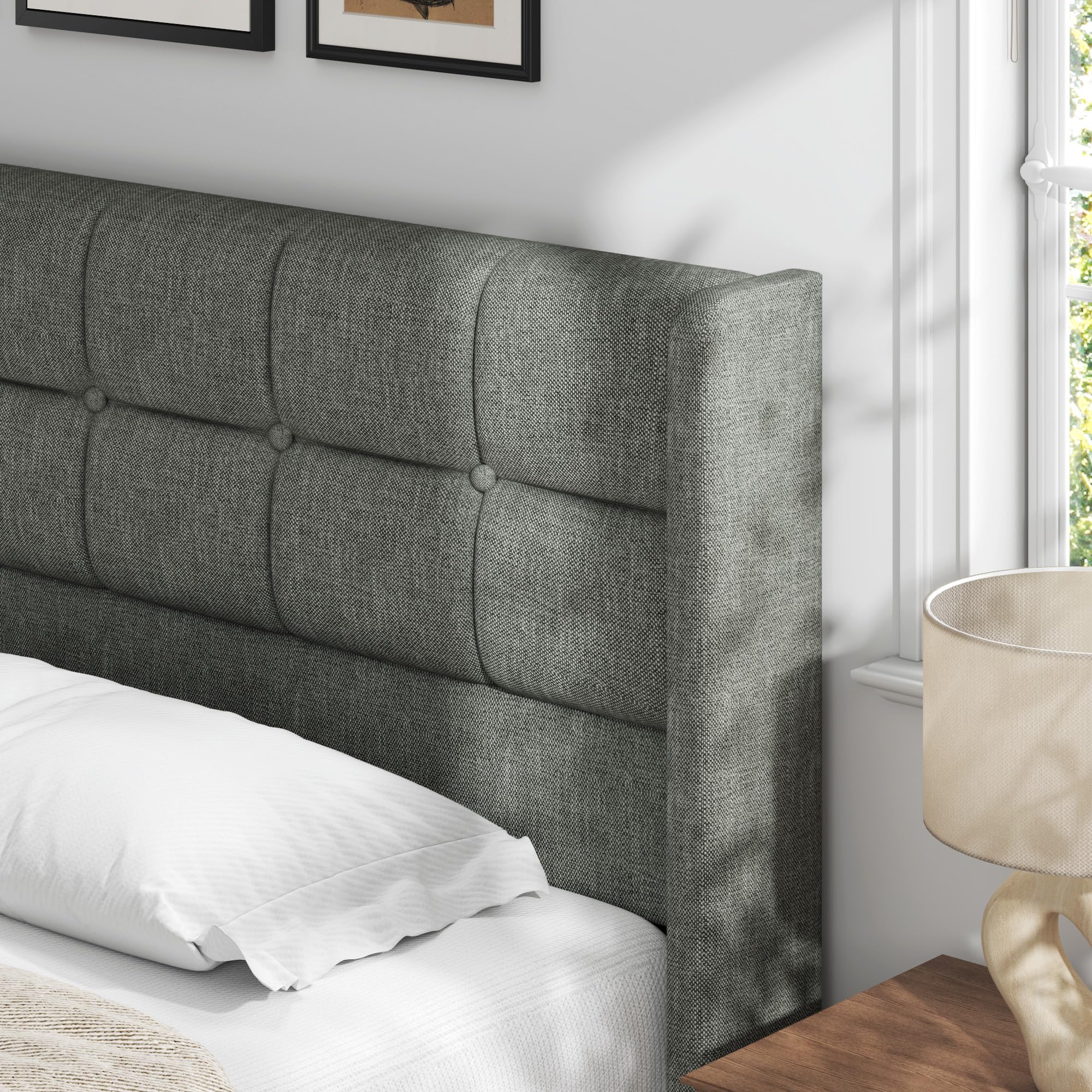 Lifezone Queen Size Lift Up Storage Bed Frame, Linen Upholstered Queen Platform with Button Tufted Wingback Headboard and Under-Bed Storage, Hydraulic Support, No Box Spring Needed, Noise Free, Grey