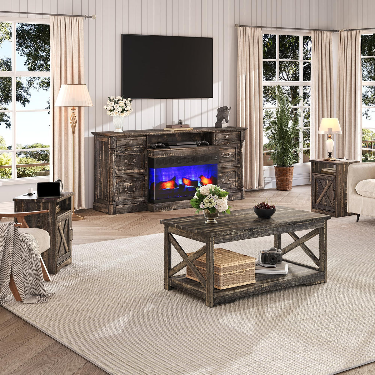 LUXOAK 3 Piece Living Room Table Set with Barn Door, Black Oak