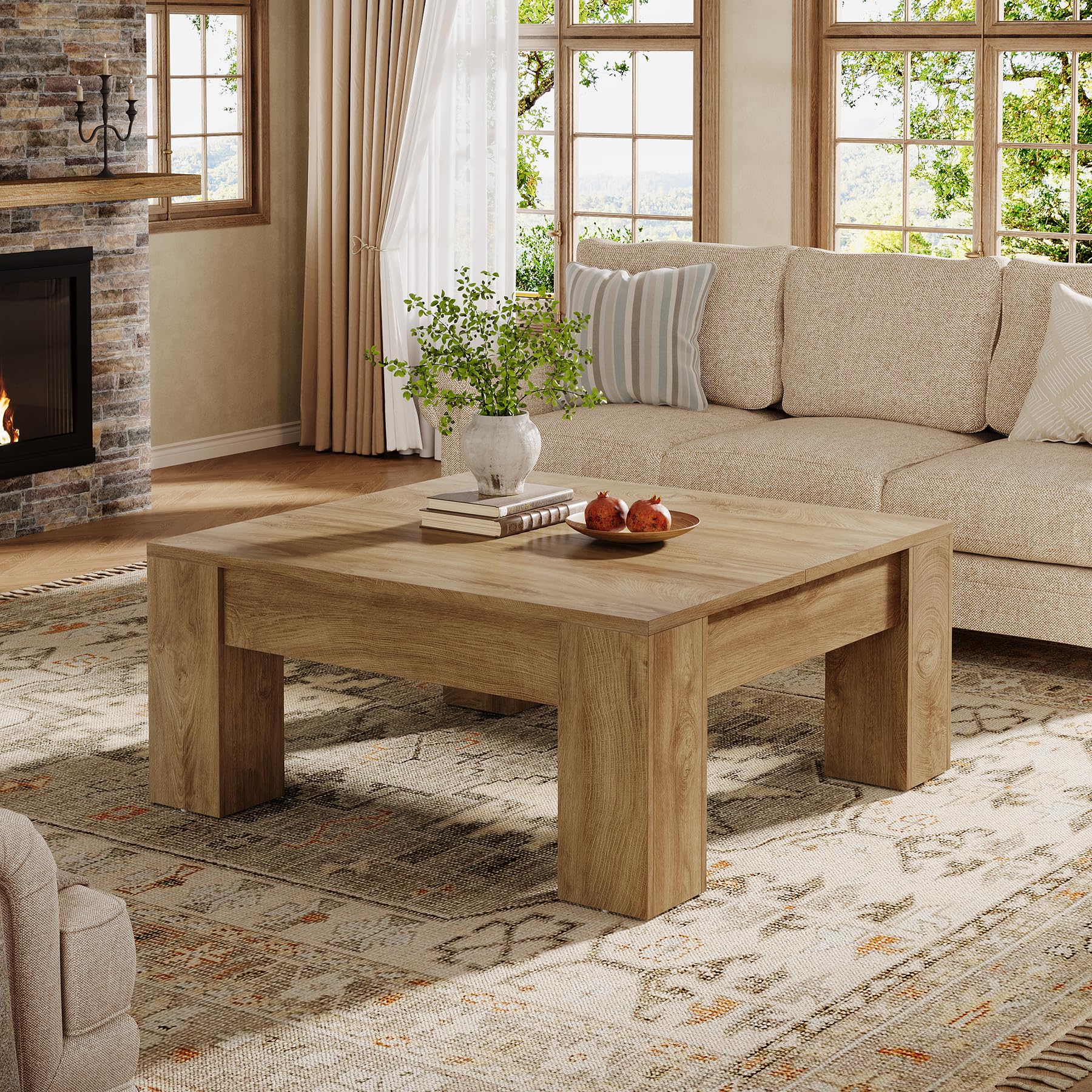 Tribesigns Farmhouse Square Coffee Table, 39-Inch Wooden Coffee Table with Sturdy Legs, Rustic Accent Center Table for Living Room, Easy Assembly, Light Brown