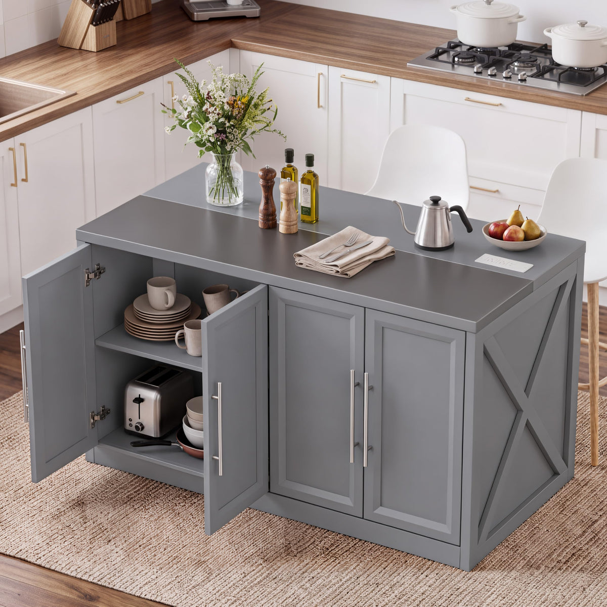 Homiflex Kitchen Island with Storage Stainless Steel Top Power Outlet Grey