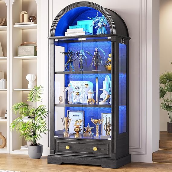 Arched Glass Display Cabinet with LED Sensor Lights, 4-Tier