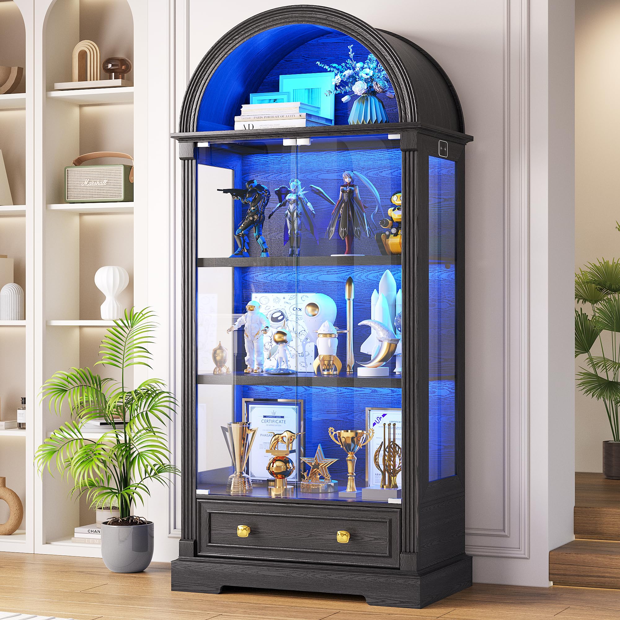 Arched Glass Display Cabinet with LED Motion Sensor Lighting