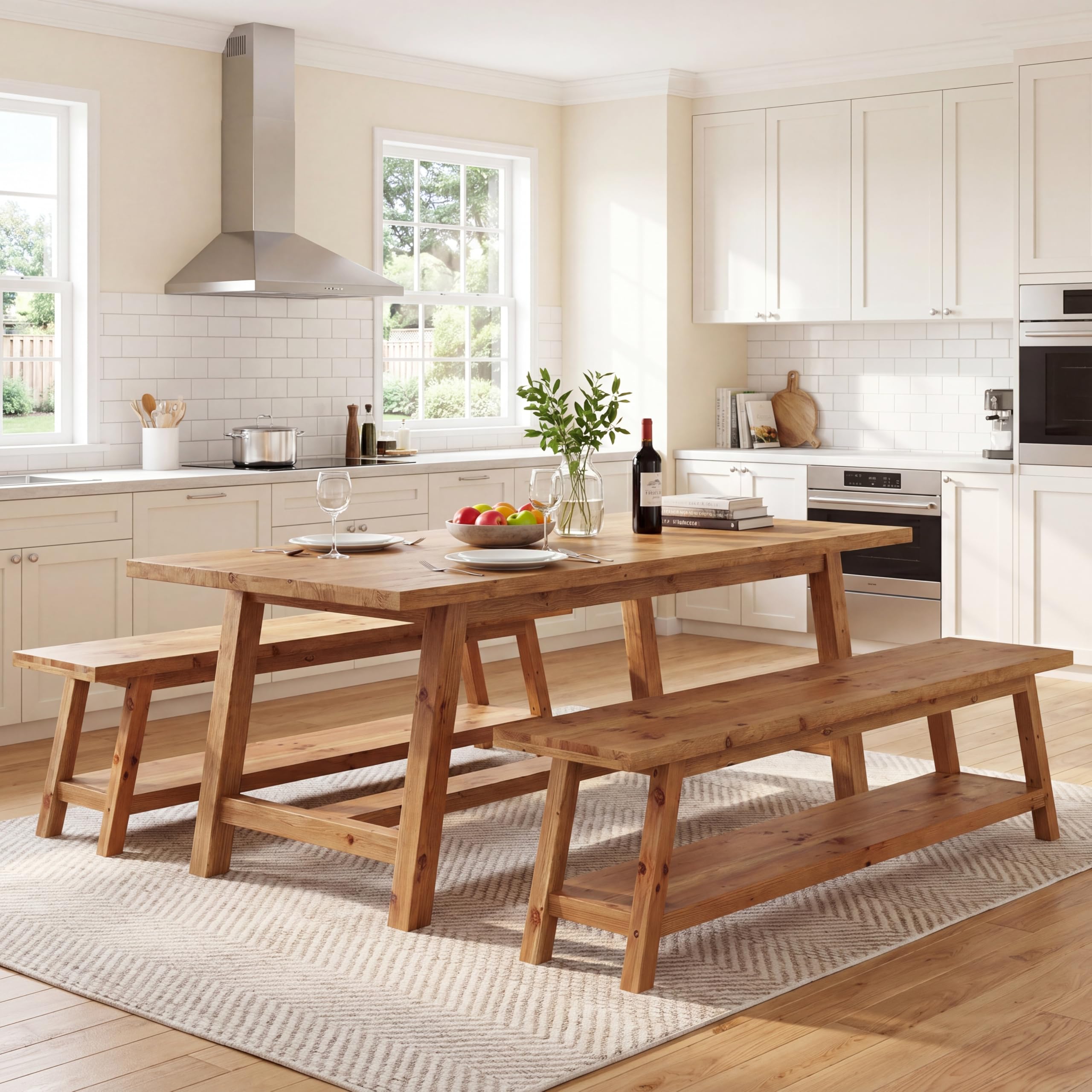Tribesigns Farmhouse Solid Wood Dining Bench, 63-Inch Rustic Indoor Bench with Lower Storage Shelf for Dining Room, Kitchen, Living Room, Entryway, Natural Wood Finish (1)