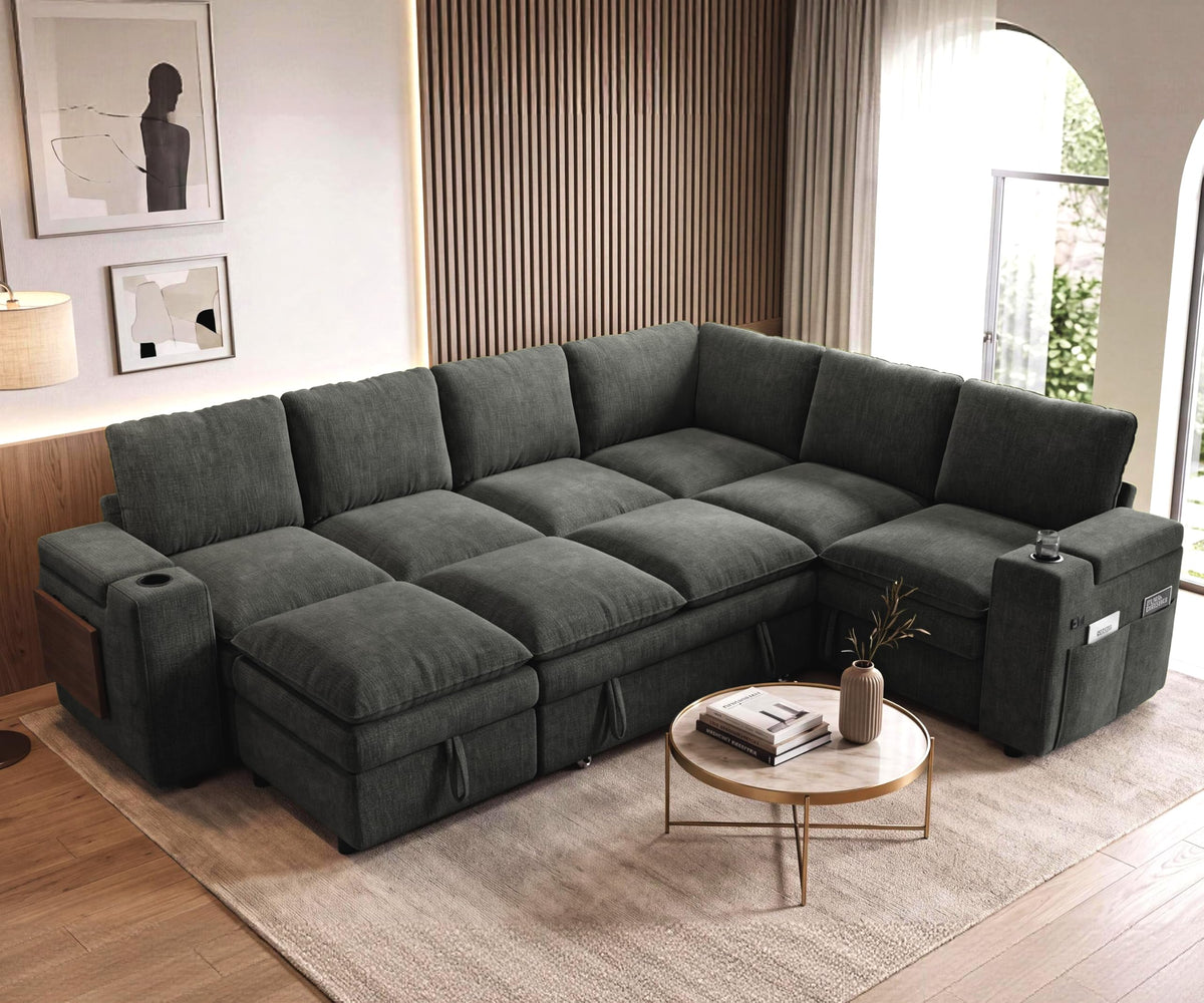 Vipbear Modular Sectional Cloud Sofa with Pull Out Bed,Sleeper Couch,Gray