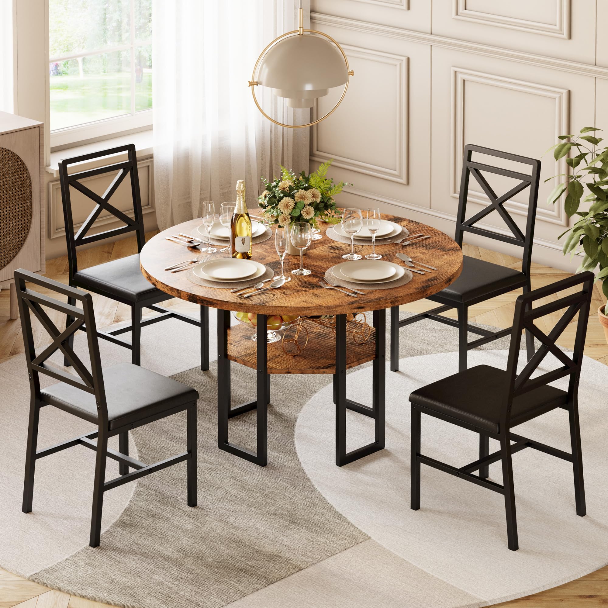5-Piece Round Dining Table Set with 4 Chairs, 47"