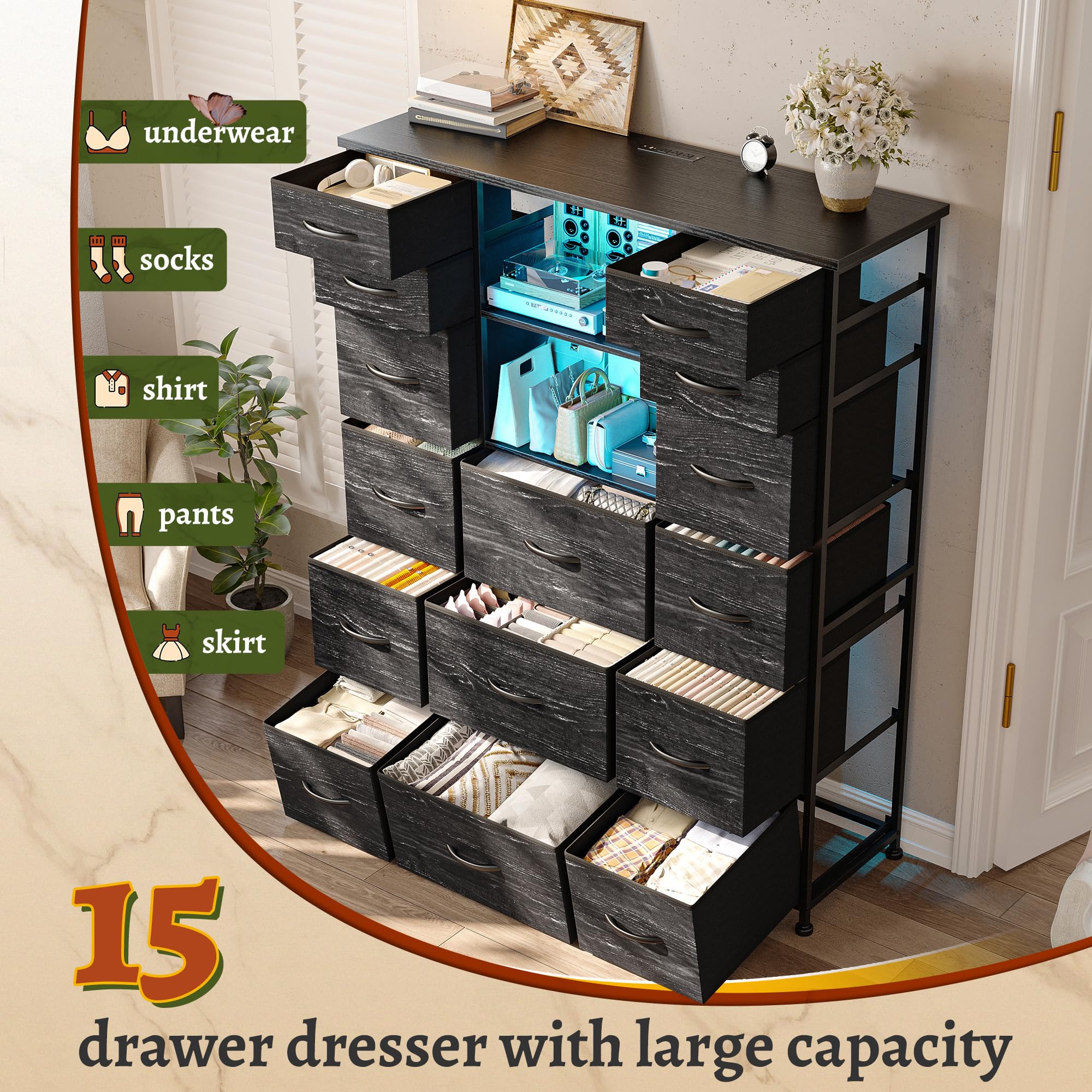 EnHomee 51" H Dresser with 15 Drawers Dresser for Bedroom with Charging Station & LED Lights & Hutch Sturdy Black Bedroom Dressers, Steel Frame, Wood Top, 51.2" H x 39.3" W x 11.8" D