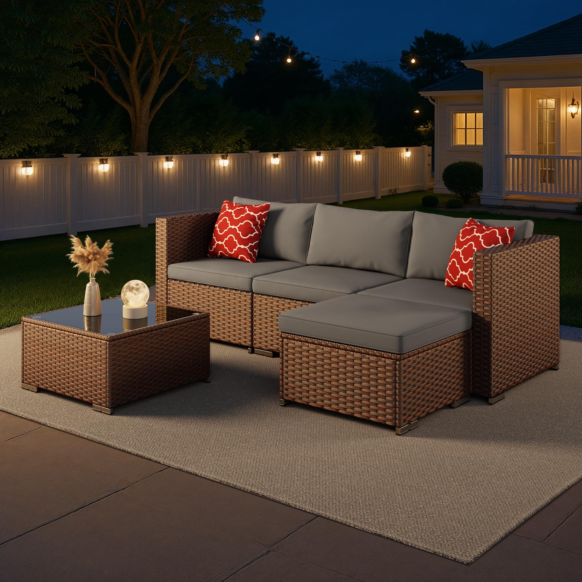 5-Piece Outdoor Wicker Sectional Set with Cushions & Glass Table