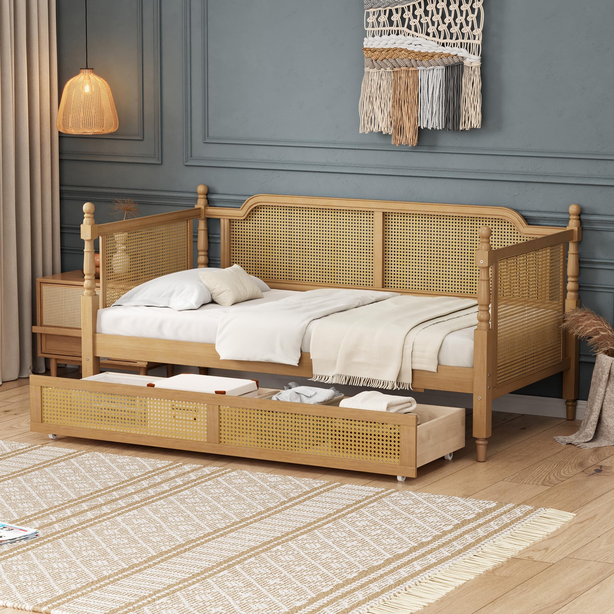 SOFTSEA Rattan Full Daybed with Storage Drawers, Traditional Boho Daybed with Wood Slats Support for Living Room Bedroom, No Box Spring Needed, Easy Assembly, Antique Walnut