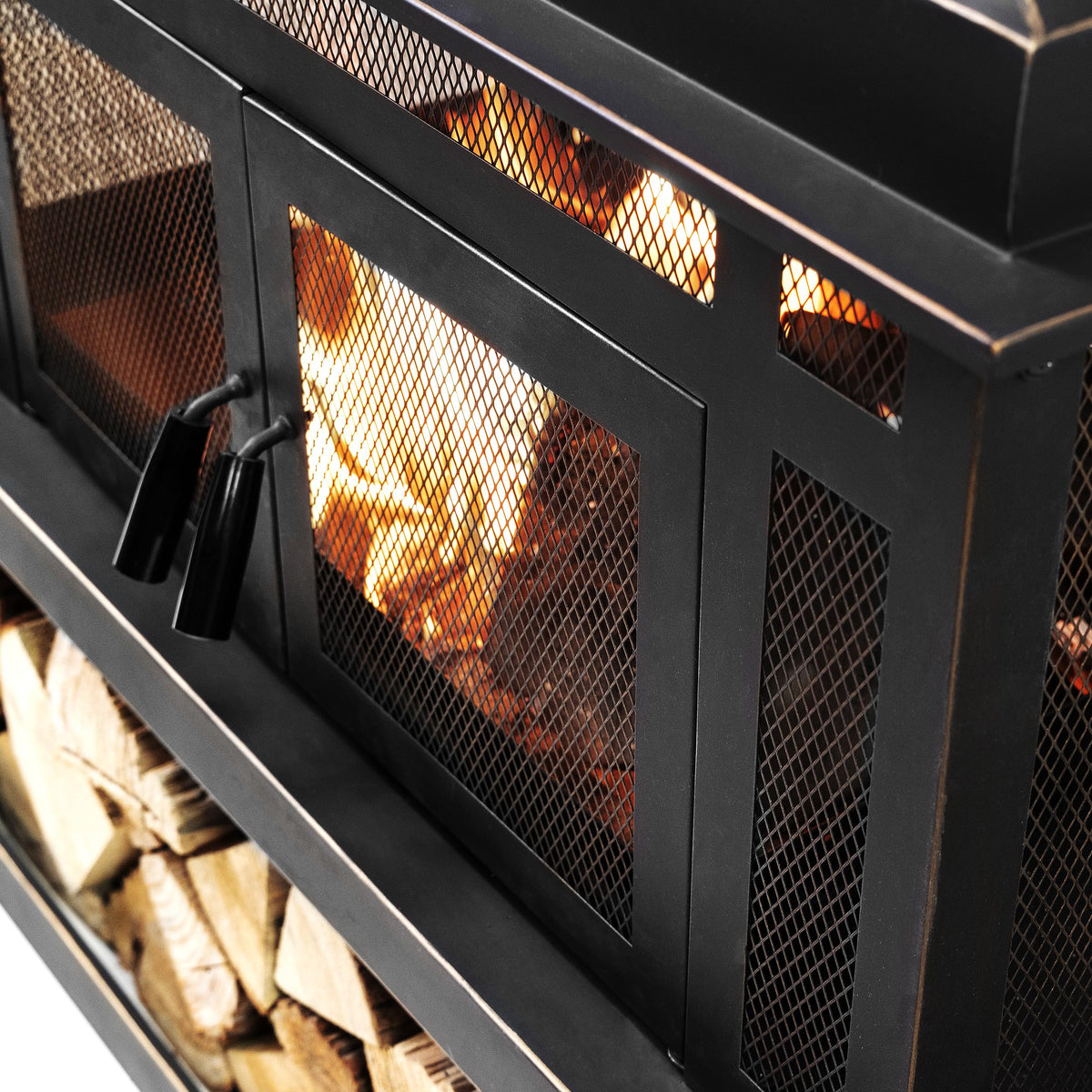 Deko Living Rimasco 80-Inch Metal Wood Burner Fireplace with Side Storage Tables - Wood Burning Fire Pit for Home - Smokeless Patio Fire Pit - Outdoor