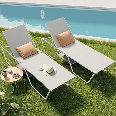 78" Oversized Outdoor Chaise Lounge Chair, 27" Extra Wide, 5-Position Adjustable, Khaki Beige