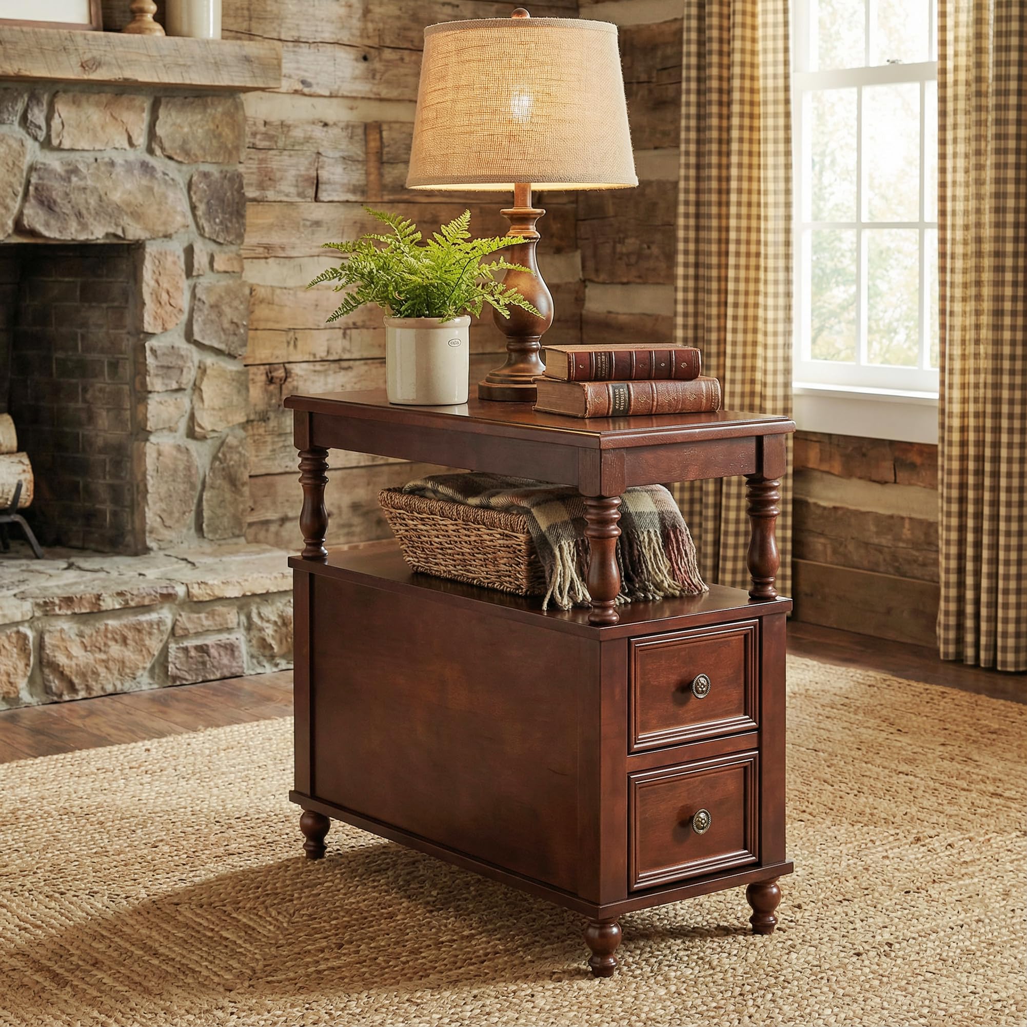 Mid-Century Wood End Table with 2 Drawers & Storage Shelf