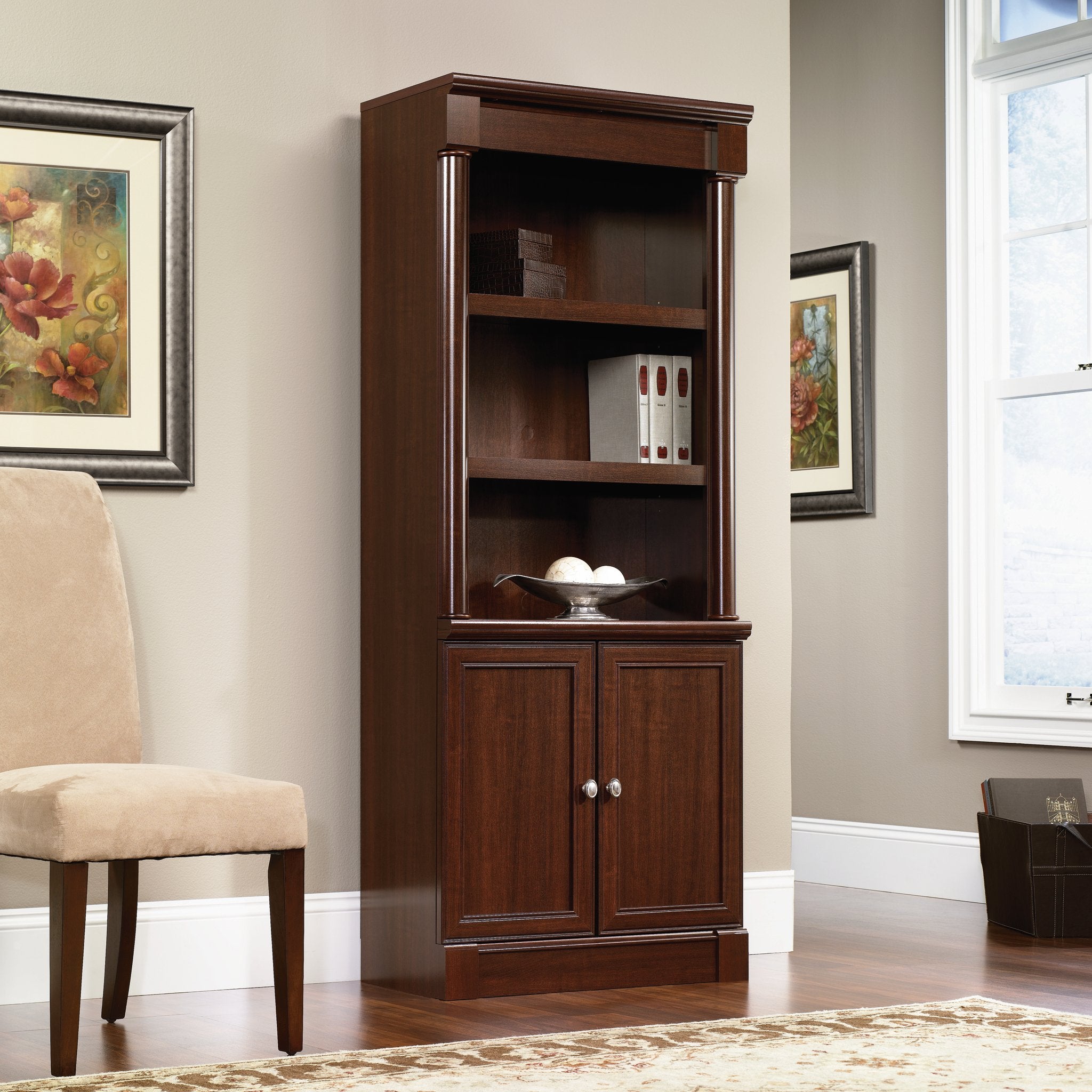 Sauder Palladia Library with Doors/Book Shelf Miscellaneous Storage 2-Shelf Bookcase, Select Cherry Finish