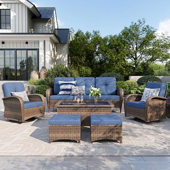Wicker Patio Conversation Set with Swivel Chairs & Ottomans