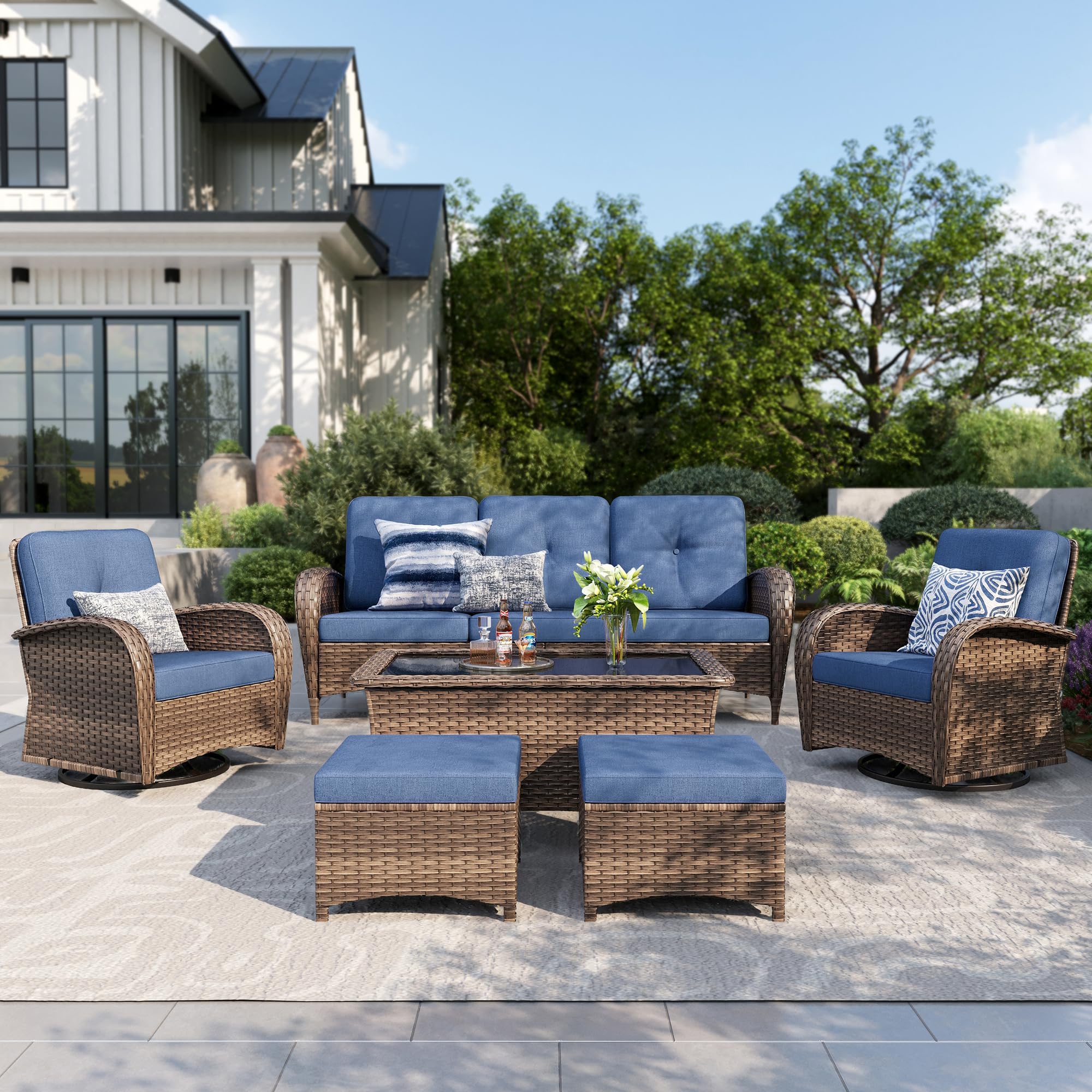 Wicker Patio Conversation Set with Swivel Chairs & Ottomans