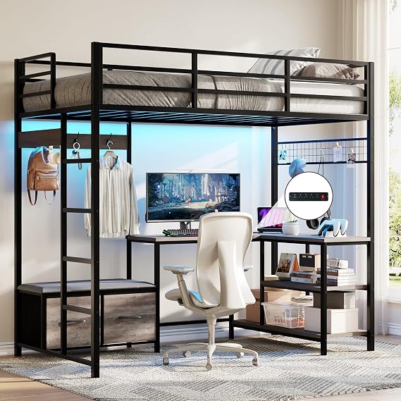 Twin Loft Bed with L-Shaped Desk, LED Lights & Charging Station