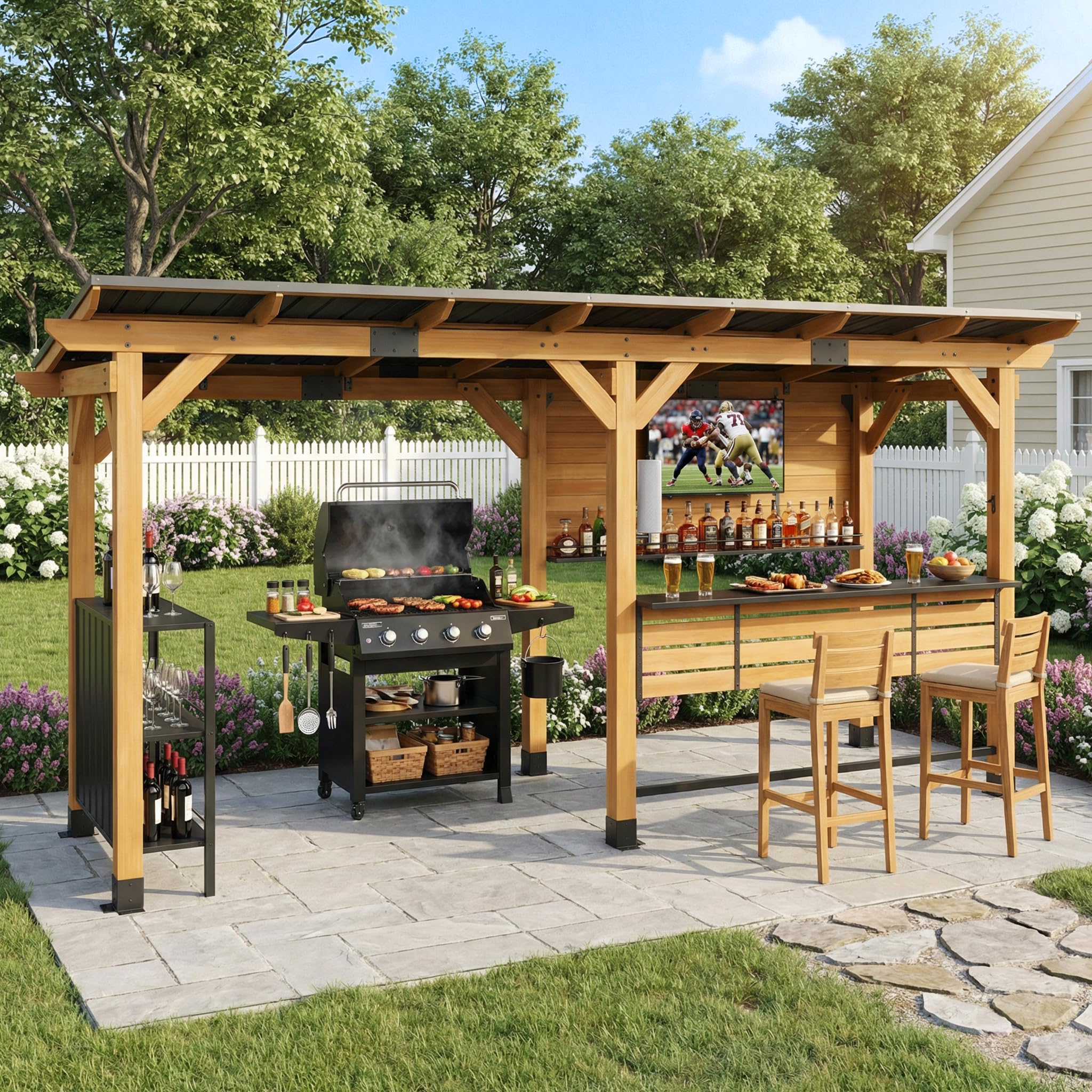 Cedar Wood Entertainment Bar Center - Modern Outdoor Bar Gazebo with Galvanized Steel Roof & TV Support Bracket (Natural Color, 6 * 14)