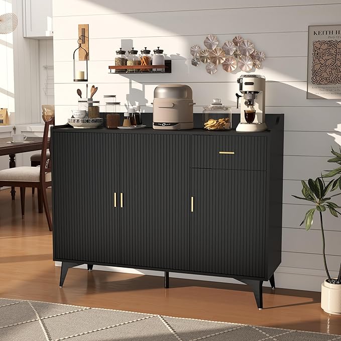 Black Fluted Sideboard Buffet Cabinet with Storage