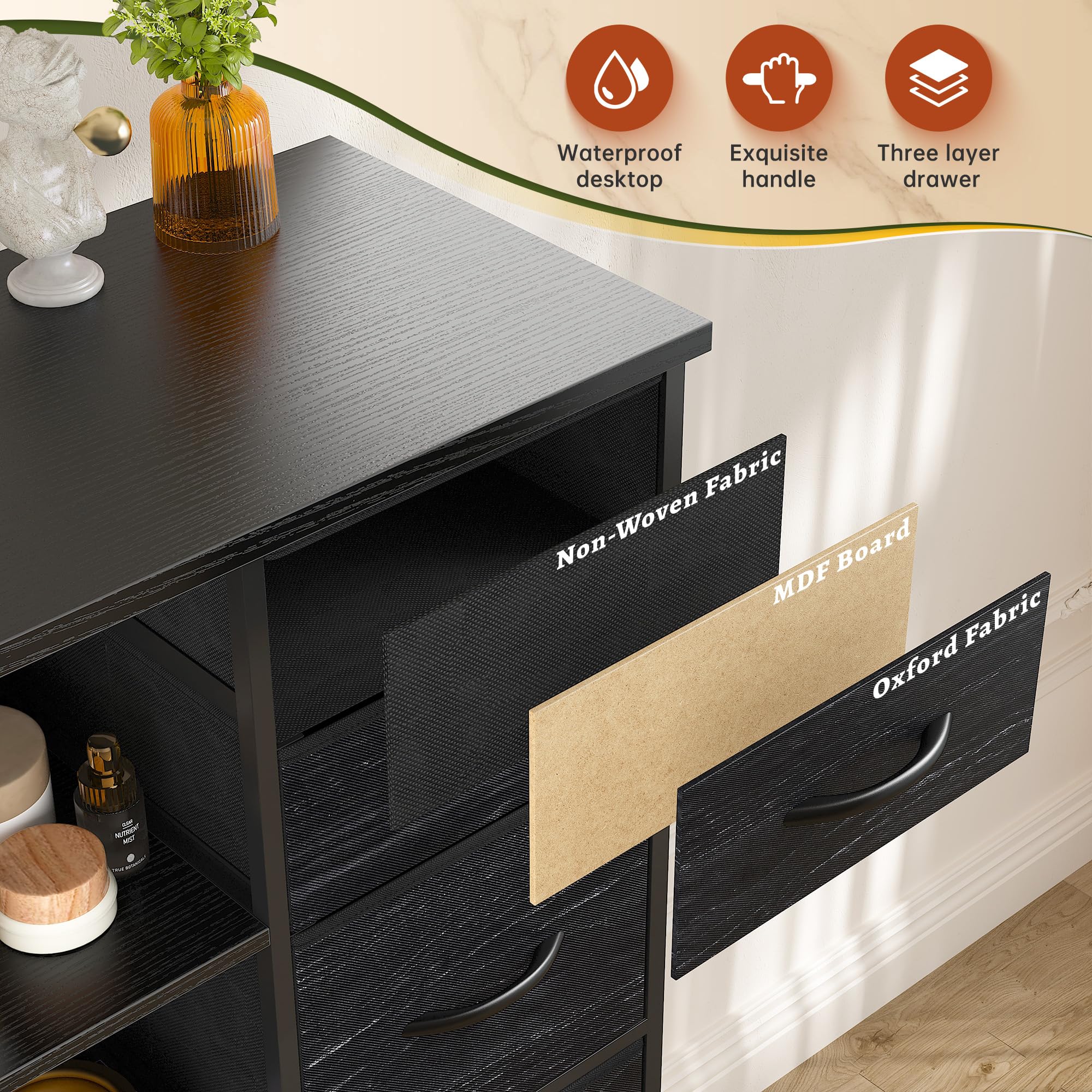 EnHomee 51" H Dresser with 15 Drawers Dresser for Bedroom with Charging Station & LED Lights & Hutch Sturdy Black Bedroom Dressers, Steel Frame, Wood Top, 51.2" H x 39.3" W x 11.8" D