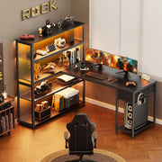 PRAISUN 57 Inch L Shaped Gaming Computer Desk with Larger Open Cabinet, Reverisble Office Desk with Power Outlets, LED Lights, Work Desk, Fabric Drawer, Adjustable Wood and Mesh Shelf, Black