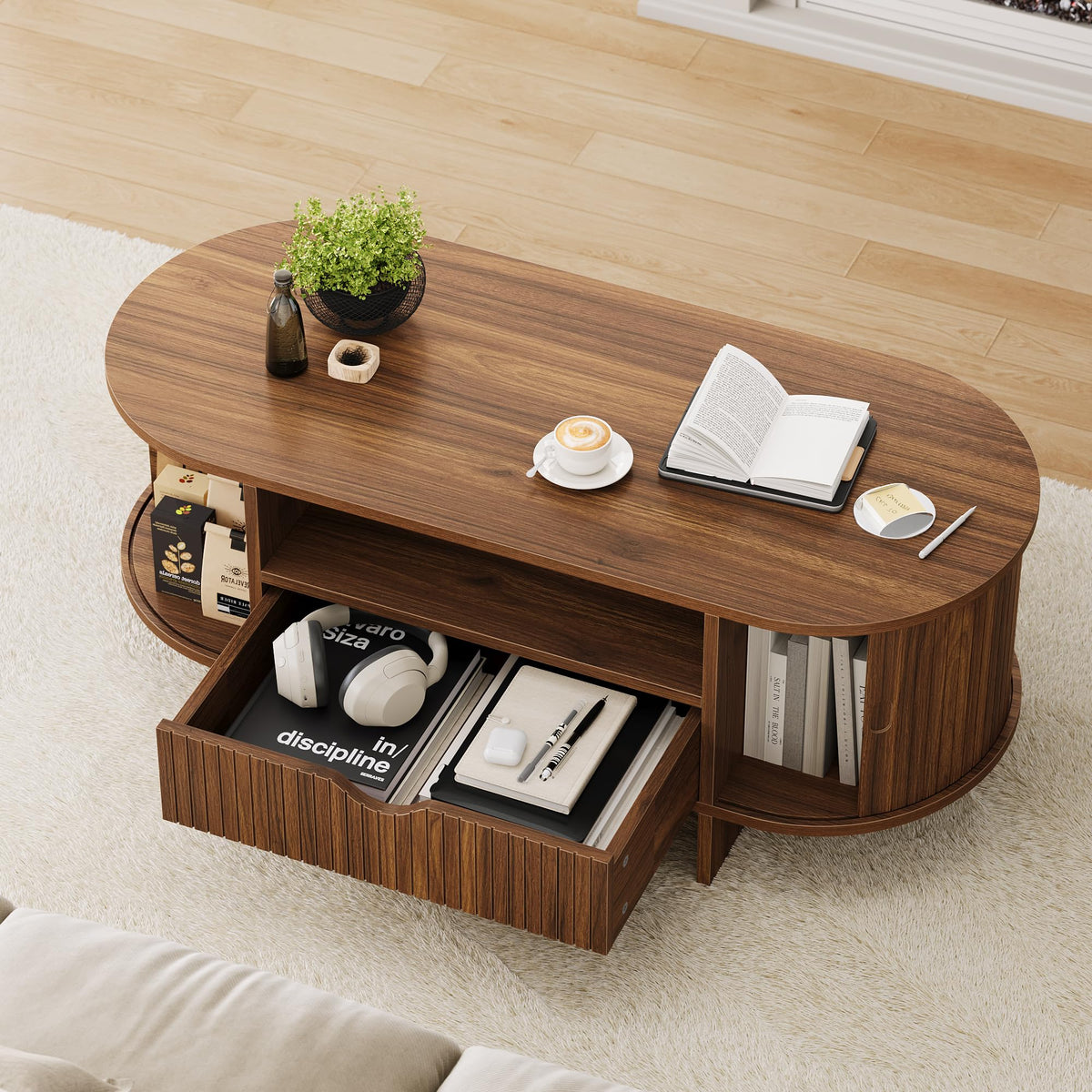 47" Oval Coffee Table with Storage, Mid Century Modern Fluted Center Table