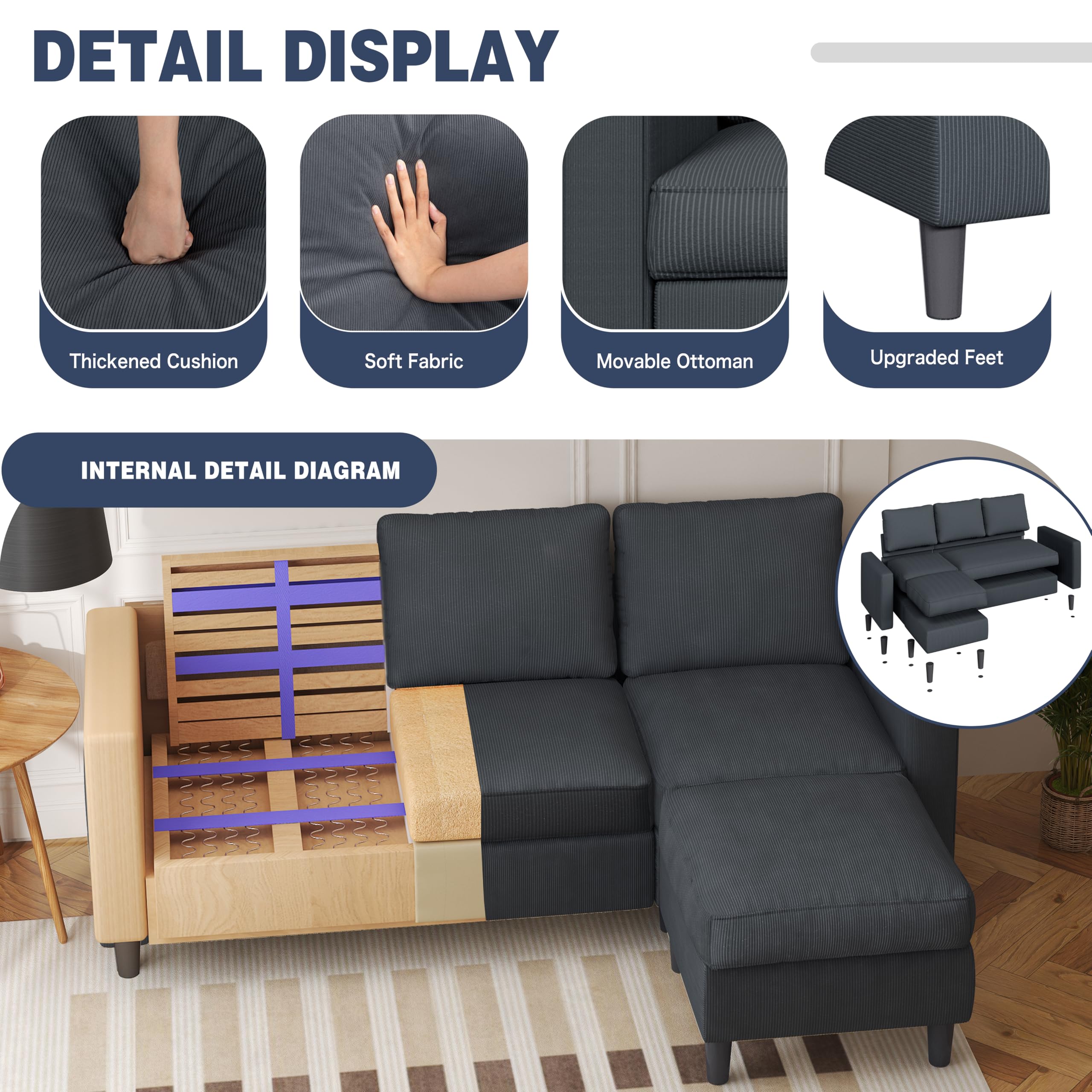L-Shaped Convertible Sectional Sofa with Ottoman