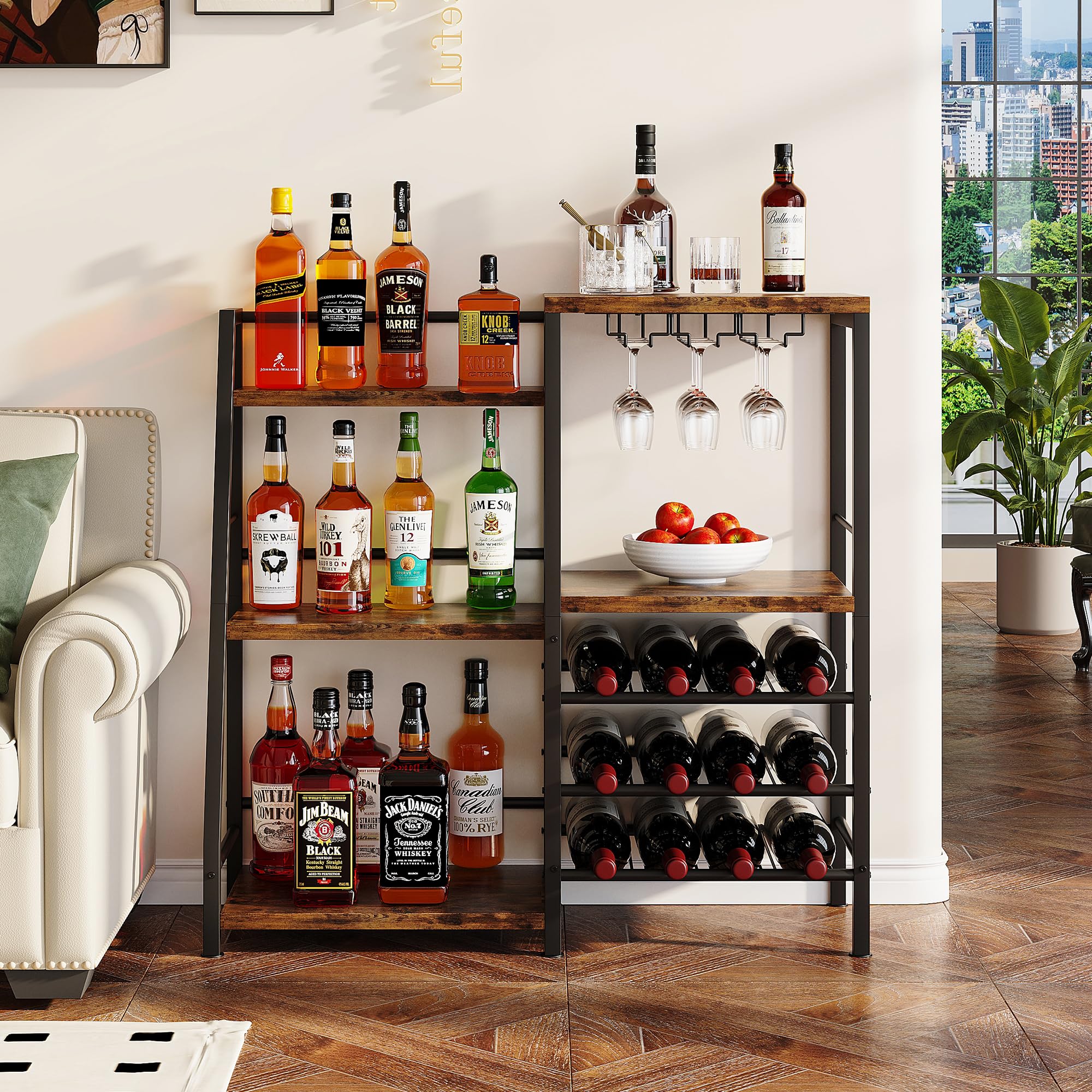 3-Tier Bar Cabinet with Wine Rack & Glass Holder