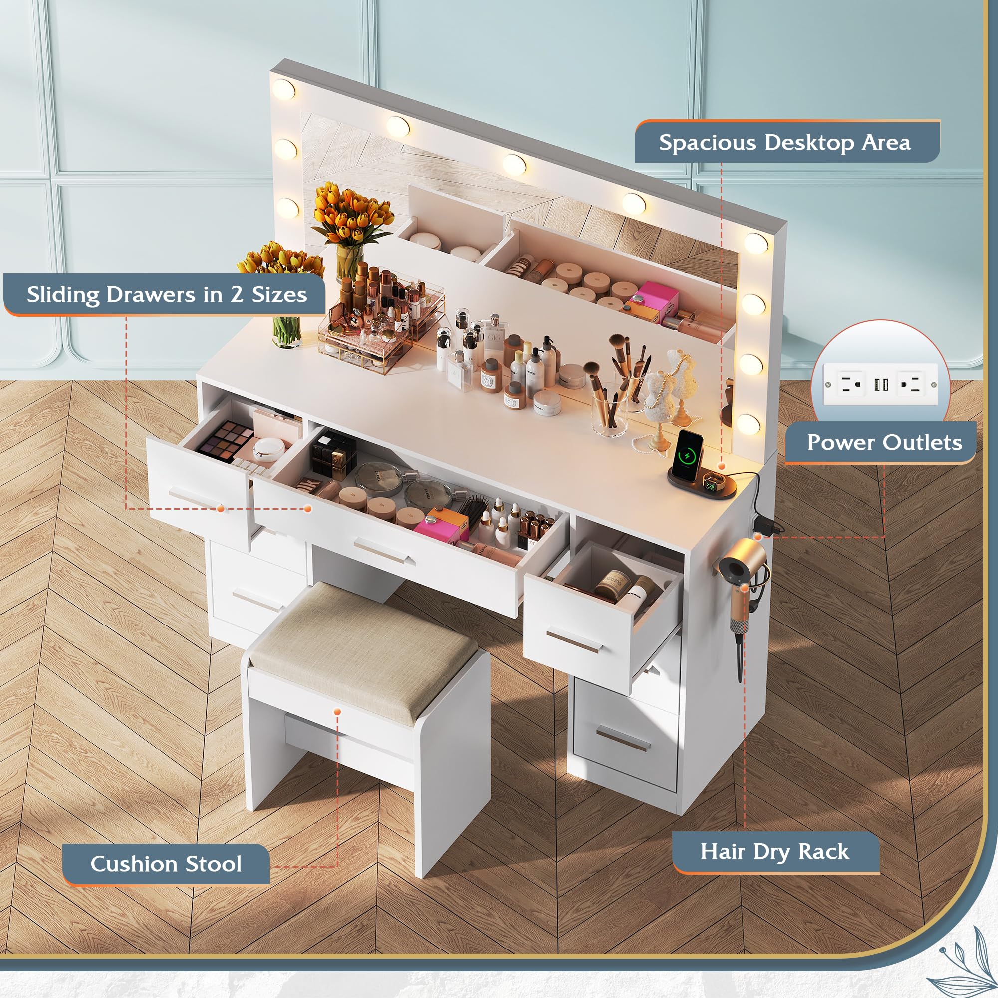WLIVE White Vanity Desk with Chair, Adjustable Mirror and 3 Color Lights