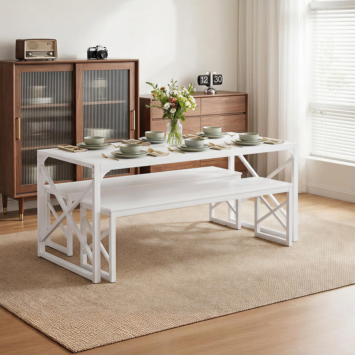 White Dining Table Set with Benches