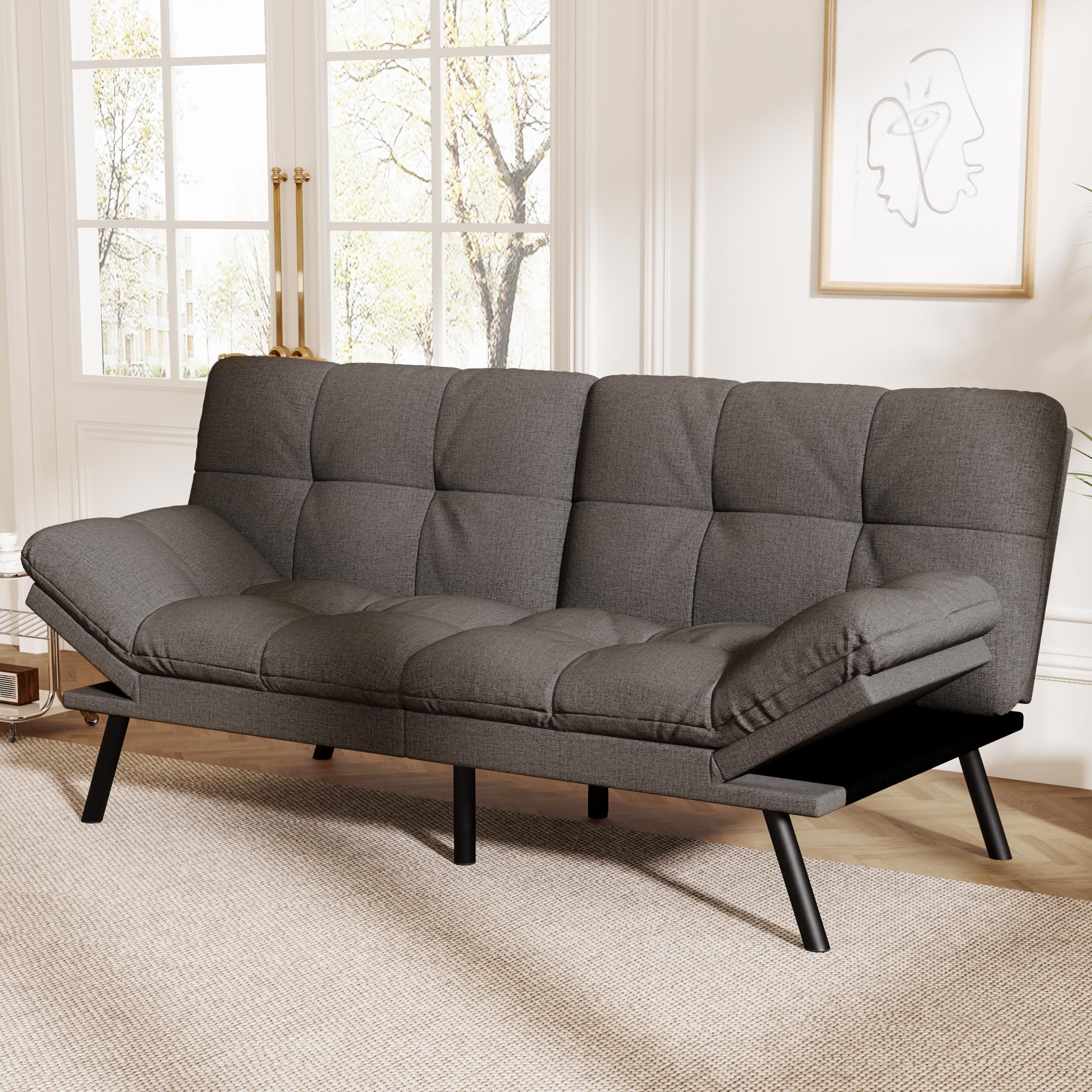 Vipbear Convertible Futon Sofa Bed,Grey Linen Futon Couch with Detachable Cushion,Adjustable Backrest & Armrest,Modern Small Recliner Loveseat Sleeper Couch for Living Room,Office,Apartment
