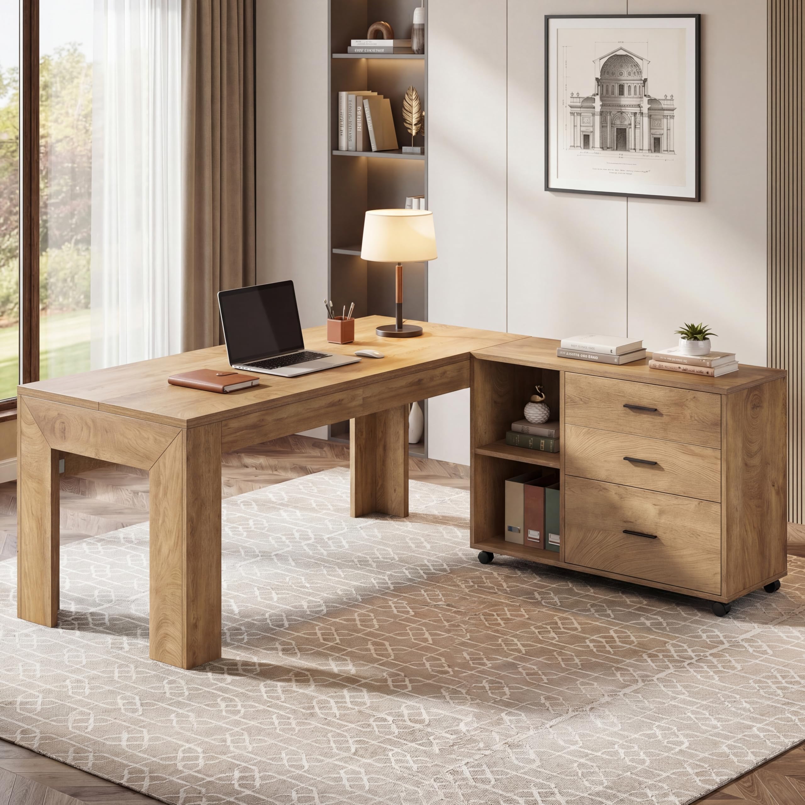 Tribesigns 63'' L Shaped Office Desk with Drawers and Shelves,Large Executive Desk with Rolling File Cabinet Combo,Home Office Computer Desk,Brown