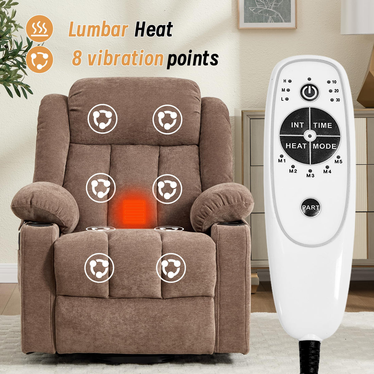 Sftaiyou Power Lift Recliner for Elderly,Electric Recliner Chair with Massage & Heating for Adults, USB Charging, Cup Holders, Side Pocket, Living Room Sofa L1288 (Brown)