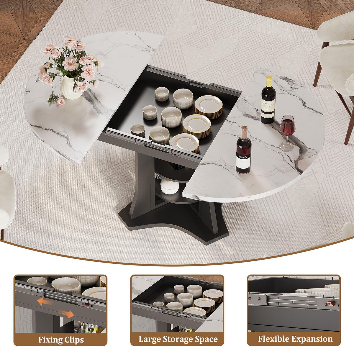 White Marble-Look Extendable Dining Table