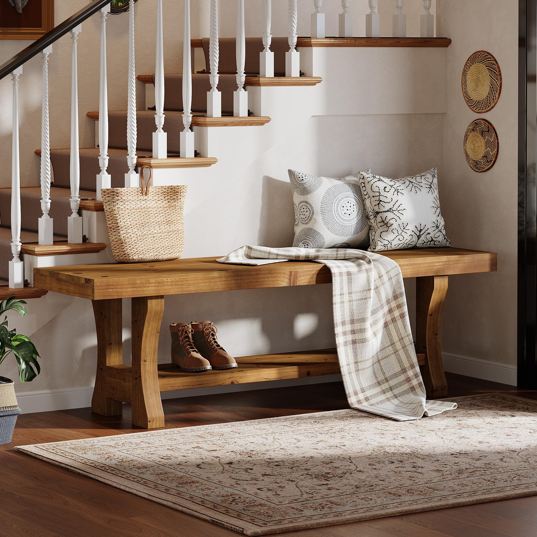 TRIBEWOOD Solid Wood Entryway Bench, 55" End of Bed Bench, Long Indoor Dining Seat for Hallway, Bedroom, Living Room, Dining Room, Easy Assembly, Brown