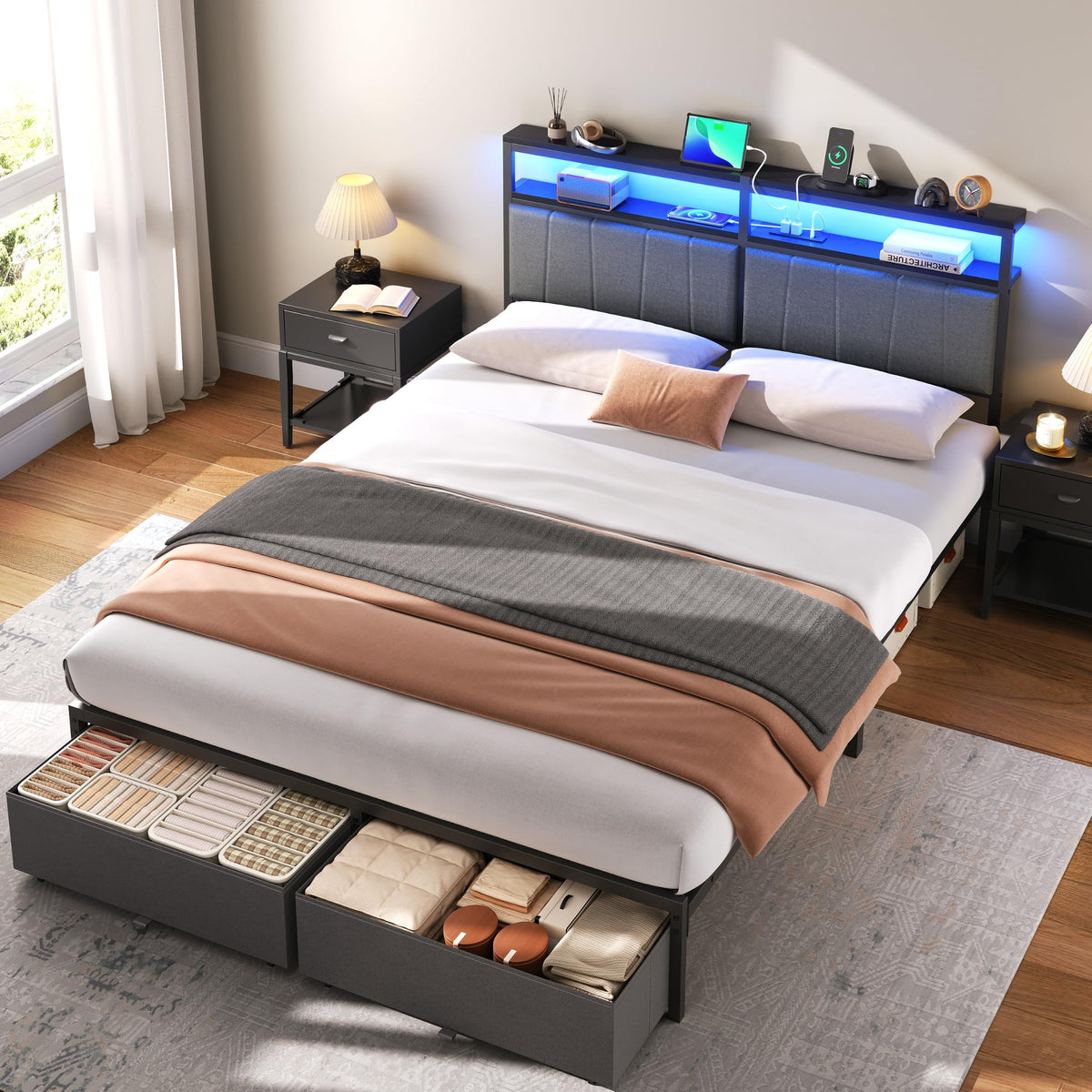 UHTN Queen Bed Frame with Storage Drawers and Charging Station, Grey