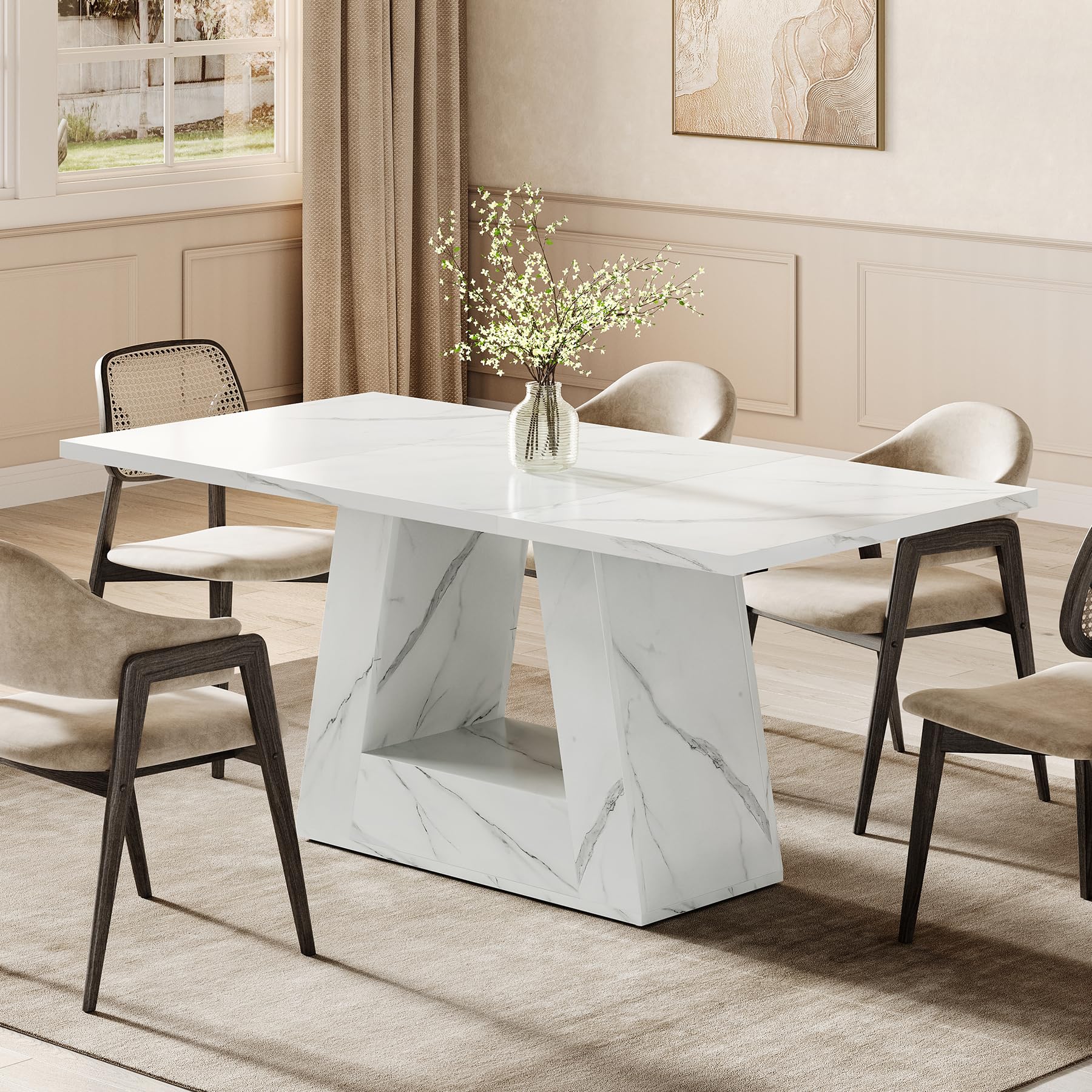 63" Rectangle Dining Table | Faux Marble Top | Triangle Pedestal Base