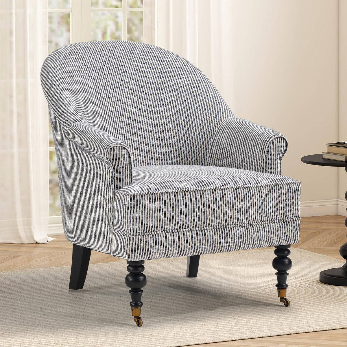 CANMOV Modern Accent Chair, Soft Upholstered Striped Arm Accent Chair with Solid Wood Legs, Mid Century Arm Chair for Living Room Bedroom, Fixed Wheels, Blue Stripe