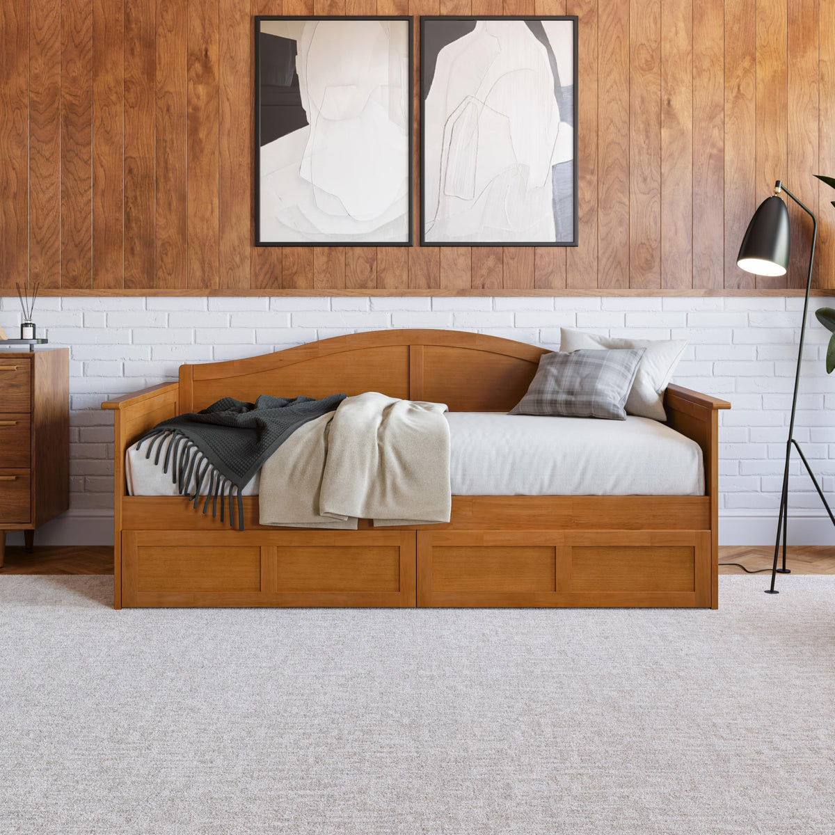 AFI, Acadia Twin Wood Daybed with 2 Storage Drawers, Light Toffee