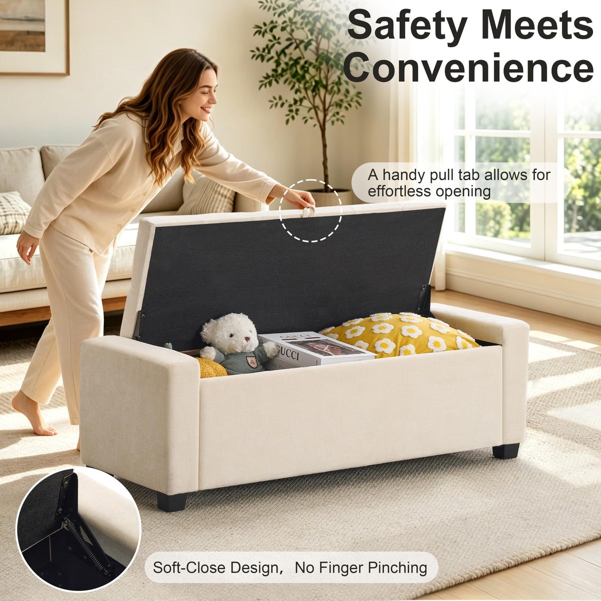 48" Ottoman with Storage, Tufted Linen Storage Ottoman Bench, Beige