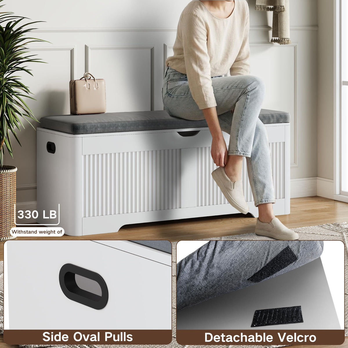 47.3"W Fluted Storage Chest with Padded Seat Cushion, Curved Profile, White