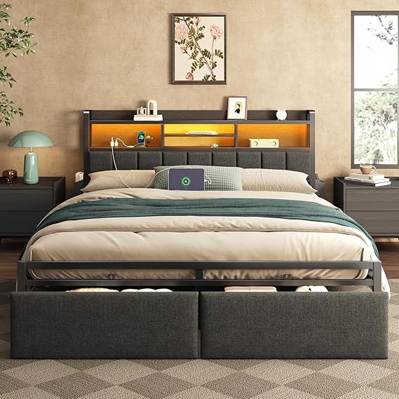 Upholstered Bed Frame with Storage Drawers, Charging Station & LED Lights