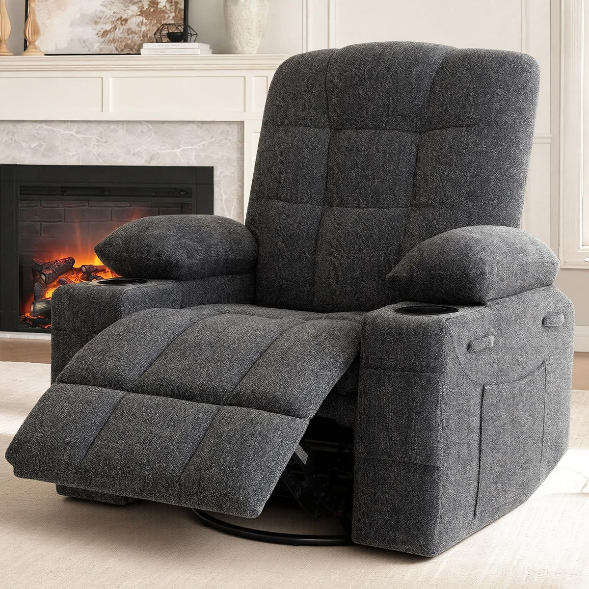 GAOHAPY Swivel Rocker Recliner Chair,Recliner Single Sofa with Cup Holders, Manual Nursery Rocking Chair with Side Pockets, Modern Recliner for Living Room,Apartment,Home Theater(Dark Gray)