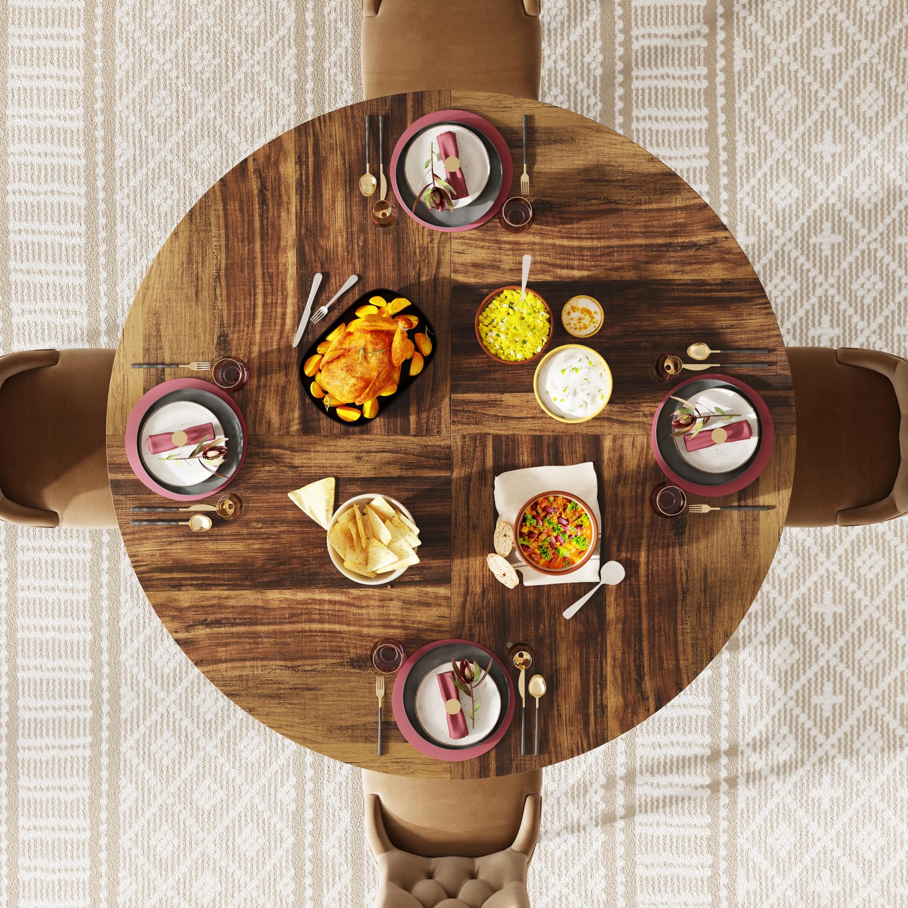 Tribesigns Round Dining Table for 4-6 People, 47-Inch Farmhouse Dinning Room Circle Kitchen Table, Industrial Dinner Table with Metal Base for Kitchen, Living Room, Black and Brown
