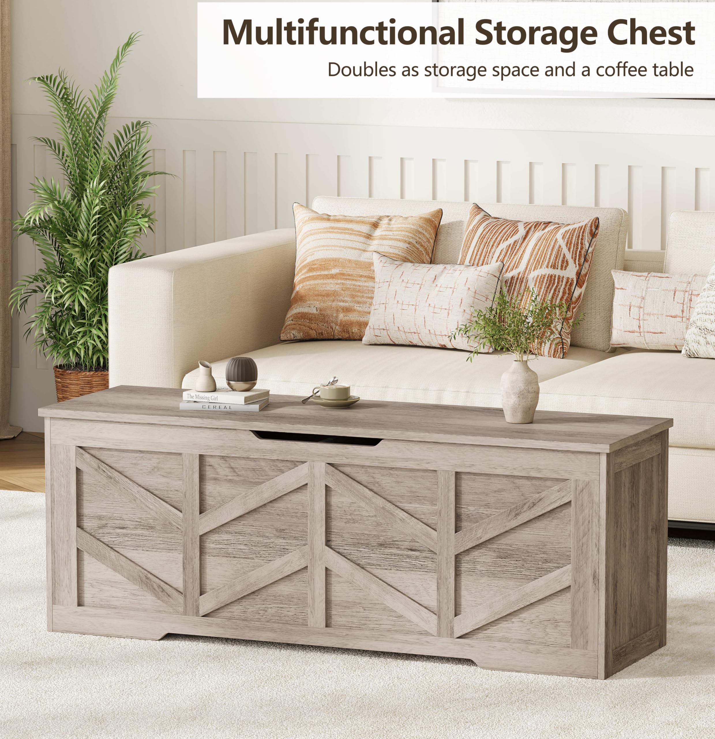 Zeibospri 51.2" Storage Chest, Extra Large Storage Bench with 2 Safety Hinges, Storage Trunk Supports 330 lb, Wooden Blanket Storage for Bedroom, livingroom, entryway, Greige
