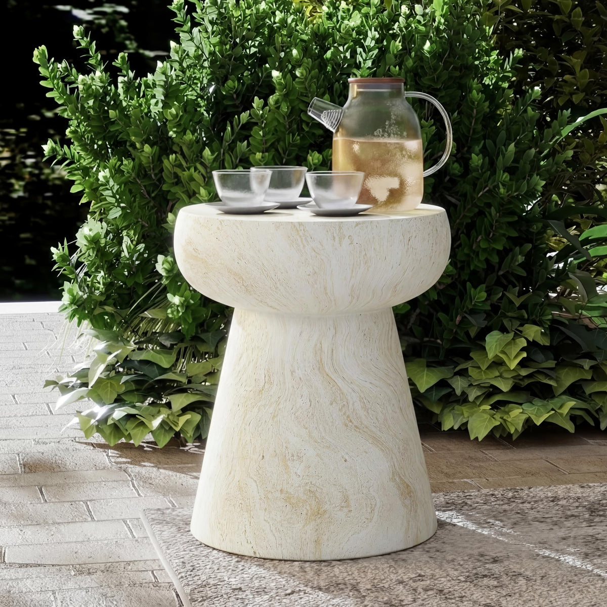 Merax Mushroom Outdoor Side Table, MGO Concrete End Table with Travertine Texture, Modern Pedestal Accent Table for Patio, Garden, Balcony, Indoor Outdoor Coffee Table, Beige + Yellow