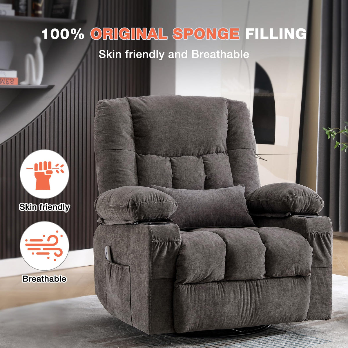 Manual Swivel Rocking Recliner Chair with 8-Zone Massage & Lumbar Heat