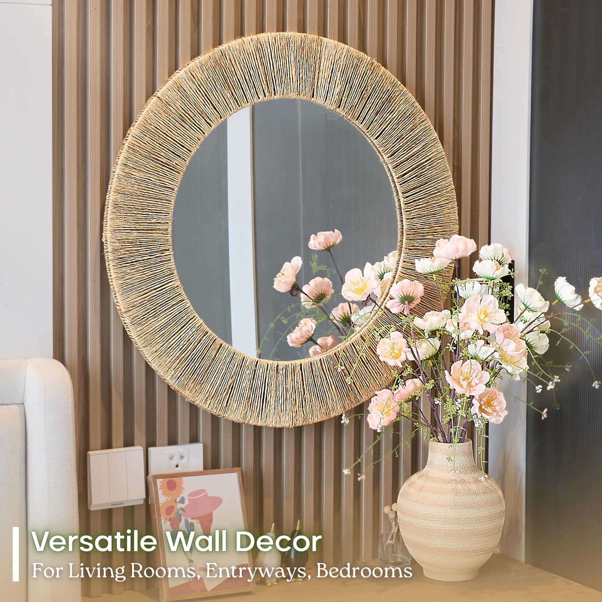 24-Inch Round Jute Wall Mirror with Metal Frame