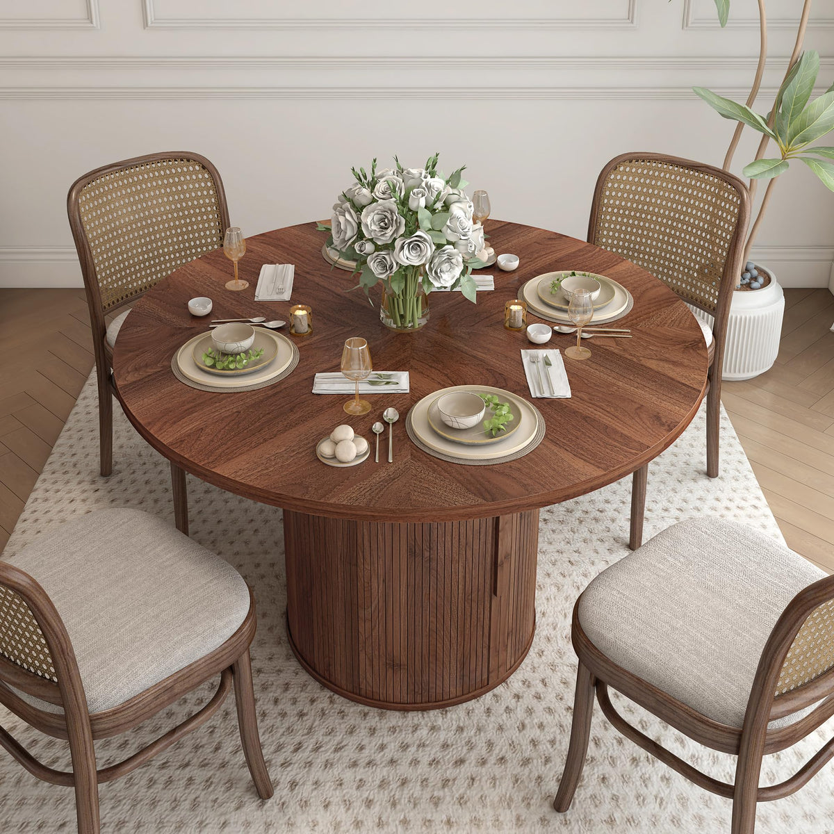 weselon 47 inch Round Dining Table for 4, Kitchen Table Dinner Table with 2-Layer Storage Shelf and Wood Slide Door for Home Dining Room Living Room (Walnut)