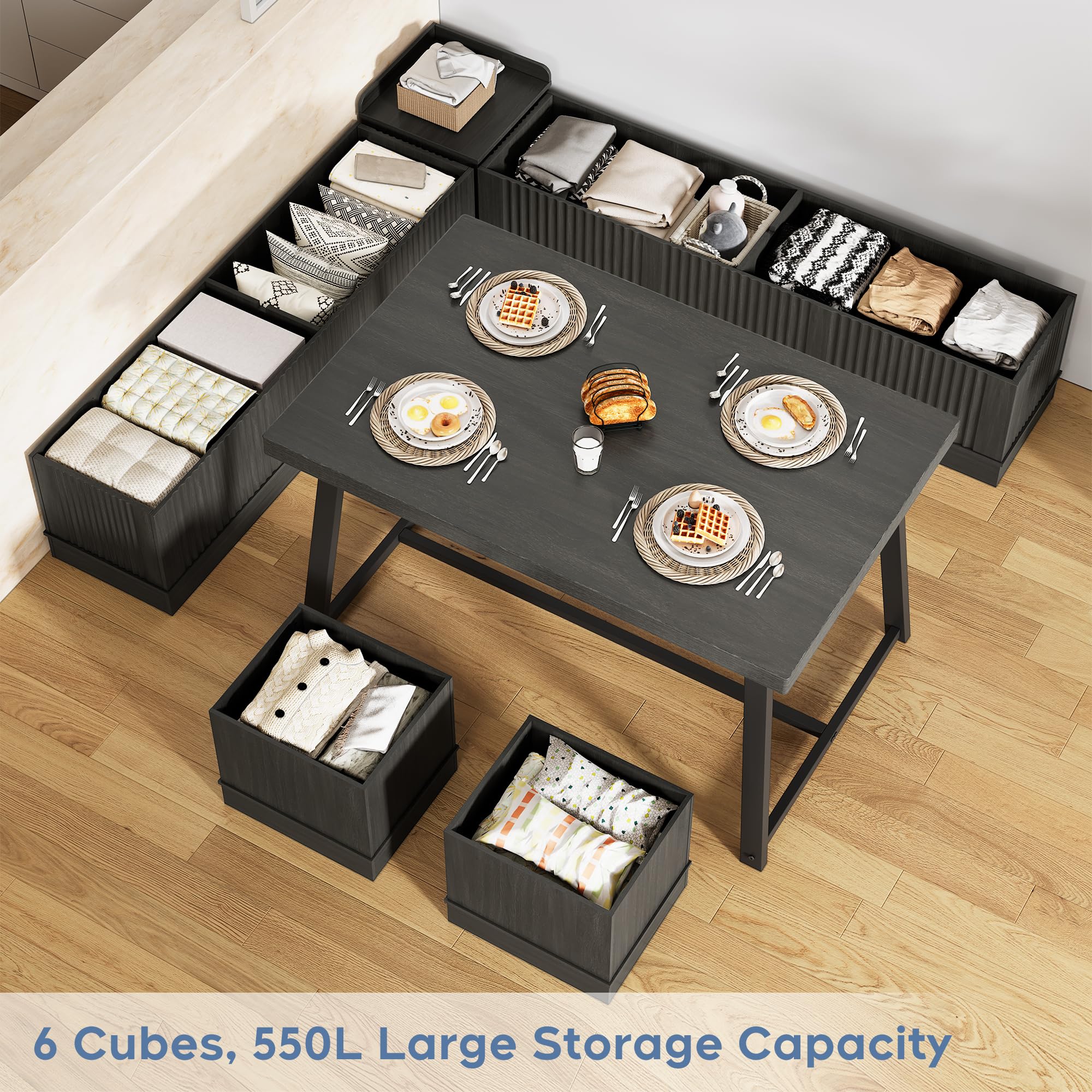 XIAO WEI Corner Dining Table Set, 6-Piece Breakfast Nook Dining Set with Storage Bench and Stools, 47" Banquette Seating for Small Space, Apartment Kitchen & Dining Room, Brown Wood