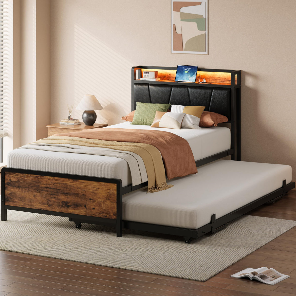 LIKIMIO Twin Daybed with Trundle Bed, Convertible to King, Lights, Charging
